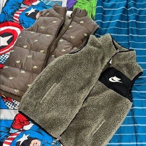 Two Nike Olive Green Sherpa Fleece Vest with Black Logo